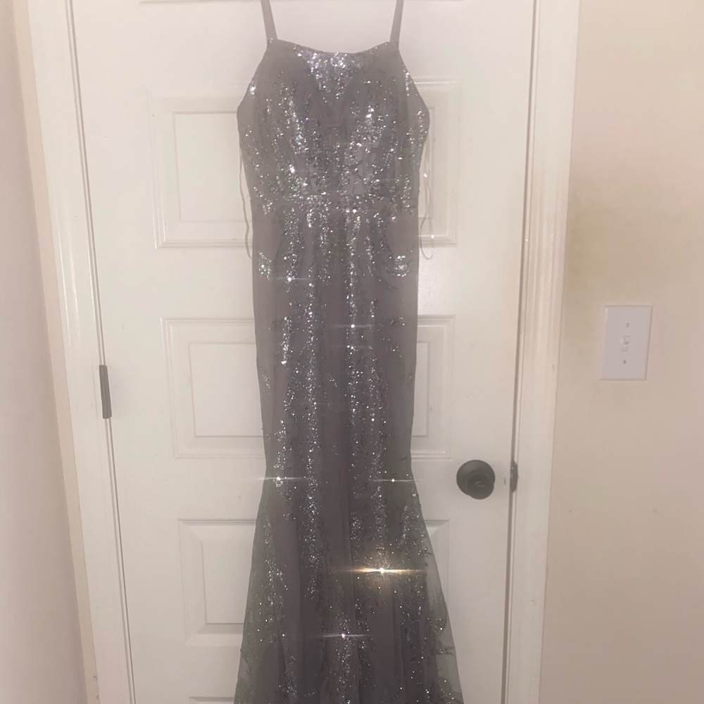 Elegant Silver Sequin Prom Dress and Jewelry